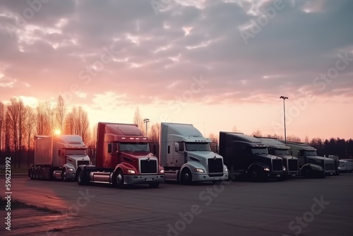 Trucks on the road at sunset. Concept of logistics. Generative AI