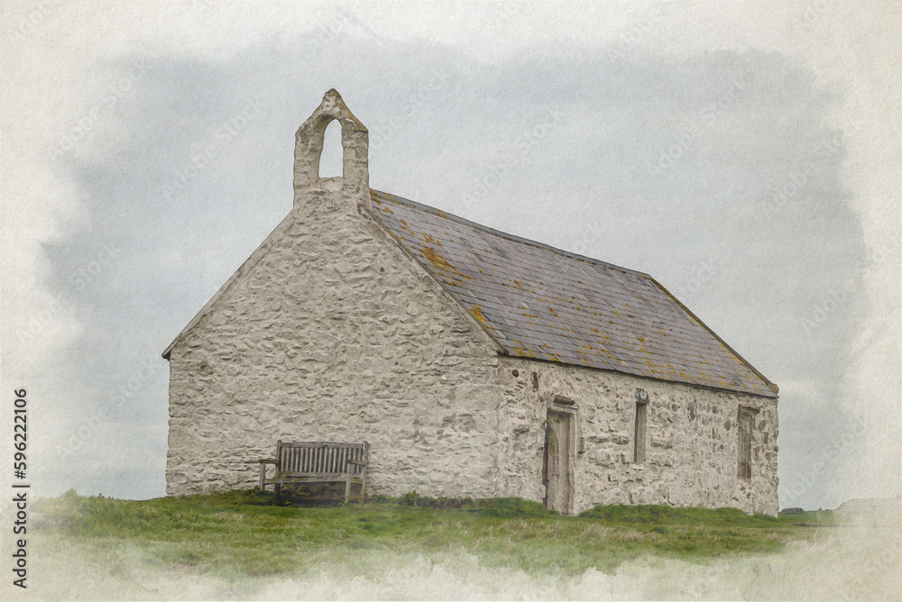 Digital watercolor painting of St Cwyfan's Church, the church in the sea, Anglesey. Digital watercolor painting of St Cwyfan's Church, the church in the sea, Anglesey.