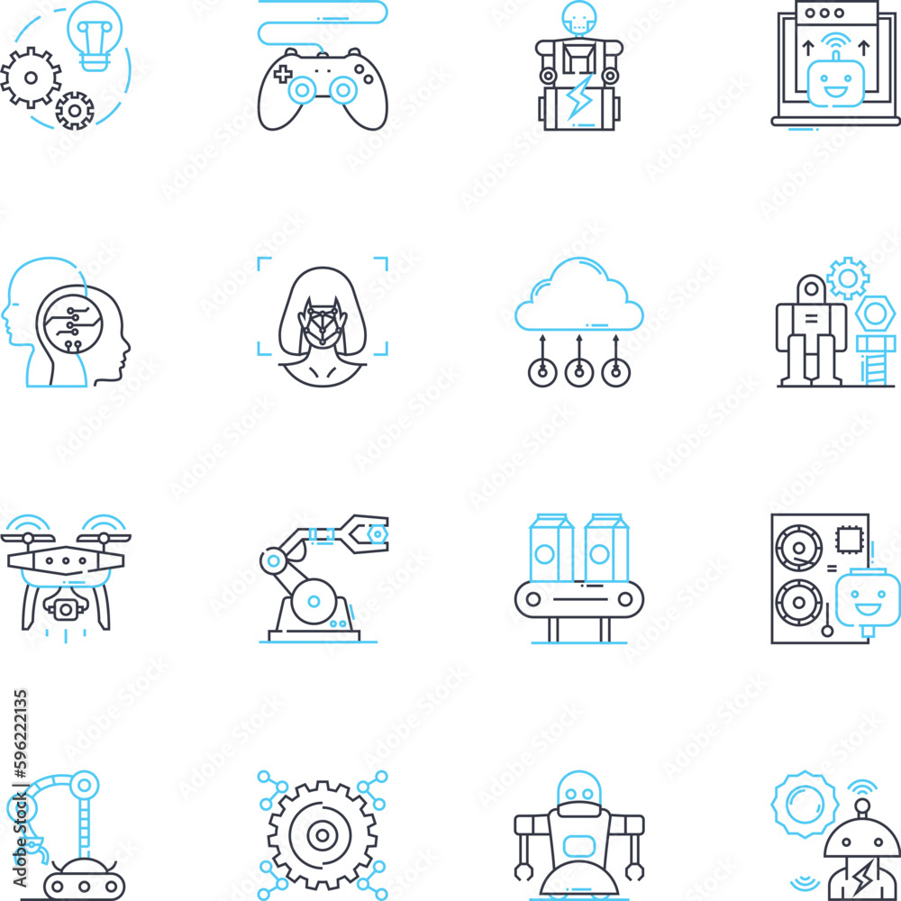 Automation Engineering linear icons set. Robotics, Mechatronics, Programming, Control, Industrial, Integration, Sensors line vector and concept signs. Efficiency,Design,Manufacturing outline