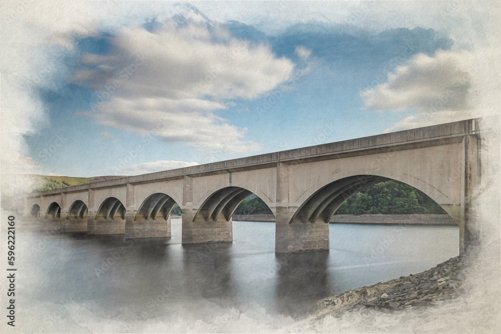 Digital watercolour painting of the Ashopton viaduct and Ladybower Reservoir.