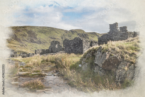 Cwmorthin Slate Quarry digital watercolor painting.