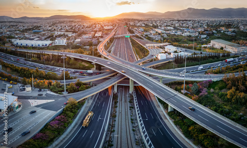 Картината върху платно Aerial panoramic view of multilevel junction highway road as seen in Attiki Odos