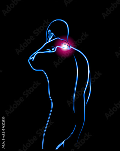 Vector isolated illustration of man with neck pain. Neon outline drawing of a person neck discomfort. Harmful sitting. Osteochondrosis. Consequences of incorrect posture.