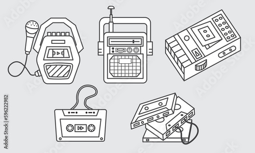Outline stroke radio vintage and Cassette tape icon set. flat design cartoon adorable concept. thin line. vector