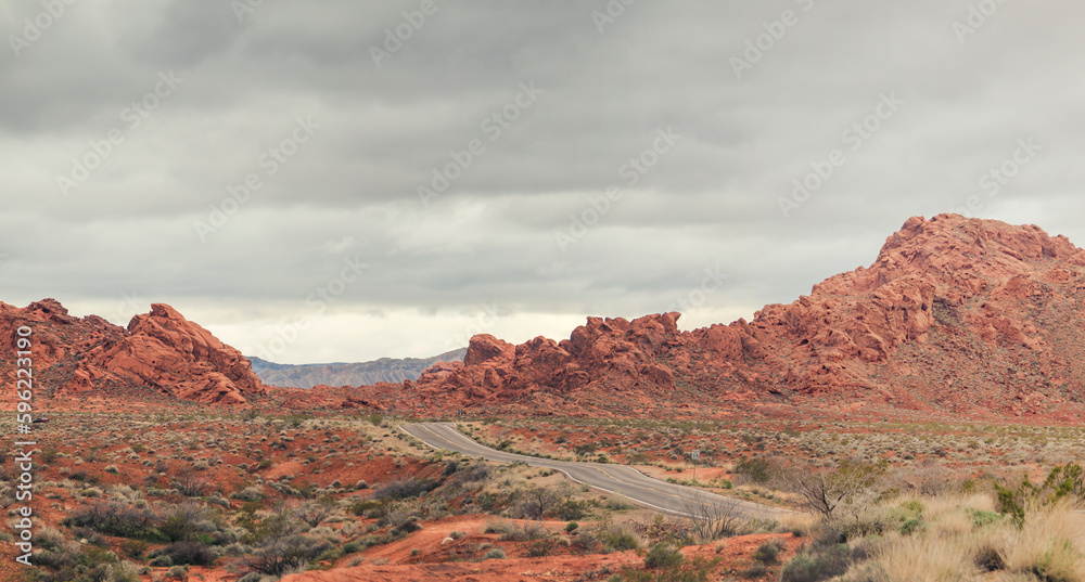 Along the breathtaking panoramic road through the Valley of Fire State Park near Las Vegas in Nevada, USA. Surrounded by rocks and beautiful scenery.