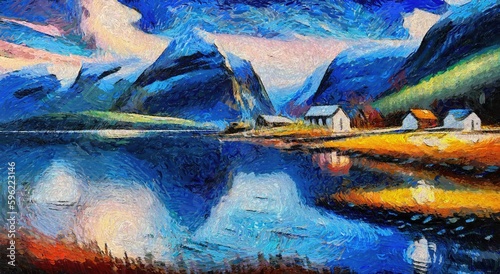 Mountains landscape oil painting. Mountain lake with reflections in water.