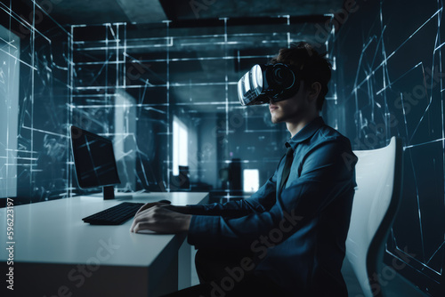 Office worker man in vr helmet. Male using Virtual reality display in office tasks generative ai.