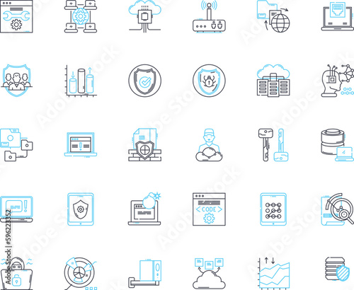 Firewall protection linear icons set. Security, Block, Access, Monitor, Privacy, Firewall, Nerk line vector and concept signs. Firewall protection,Threats,Defense outline illustrations
