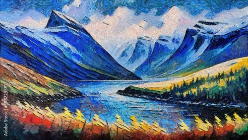 Digital painting of a mountain landscape in the evening. Colorful landscape with a mountain lake and village.