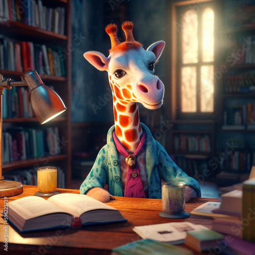 giraffe in a library reading a book children book illust , Generative Ai © Lovely3DArt