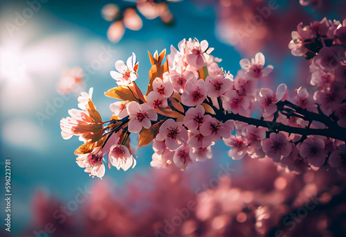 Beautiful cherry blossom or sakura in spring time over sky. Generative AI