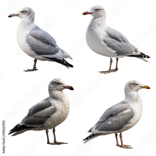 Four illustrations of a water bird the seagull on a transparent background, Generative AI
