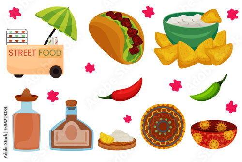 Mexican set, food, street food with hot sauces, tacos, nachos with sauce, hot peppers, painted dishes, tequila, lemon, salt , cliparts, vector