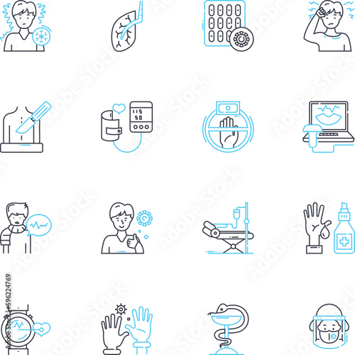 Pandemic intervention linear icons set. Quarantine, Isolation, Contact tracing, Social distancing, Lockdown, Masking, Hygiene line vector and concept signs. Ventilators,Pandemic,Testing outline