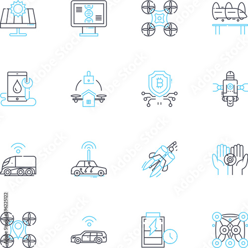 Virtual transport linear icons set. Teleportation, Comms, Holoportation, Virtuality, Oculus, Augmented Reality, CyberRoute line vector and concept signs. TechnoCommute,Spatial Computing,Virtual