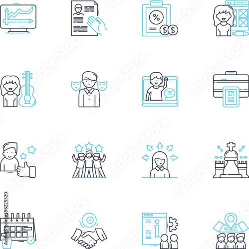 Company gathering linear icons set. Team-building, Nerking, Retreat, Celebration, Collaboration, Engagement, Conference line vector and concept signs. Congregation,Meetup,Assembly outline