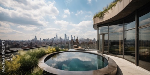 A Luxurious Penthouse with a Pool Overlooking the Cityscape. Gen AI