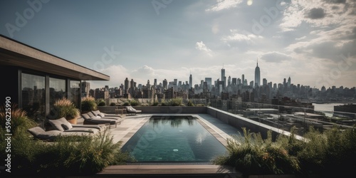 A Luxurious Penthouse with a Pool Overlooking the Cityscape. Gen AI