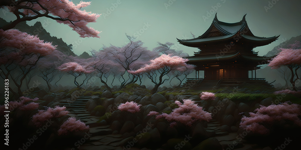 Japanese style shrine with pimk cherry blossoms tree, AI Generative - obrazy, fototapety, plakaty 