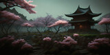 Japanese style shrine with pimk cherry blossoms tree, AI Generative