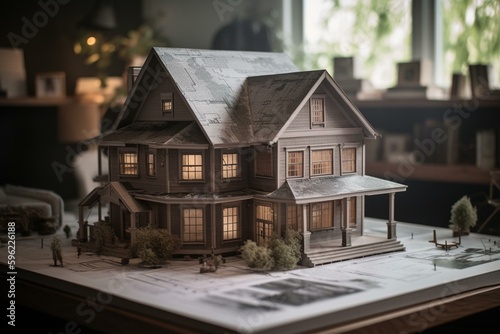 Model home displayed on top of blueprints. Generative AI