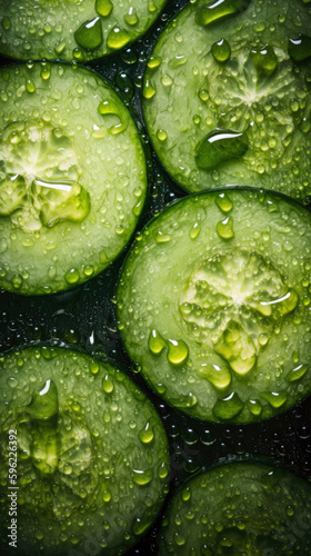 Cucumber slices with water drops on the surface. Top view. 