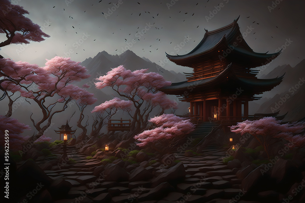 Landscape of traditional Japanese Shrine and zen garden with cherry ...