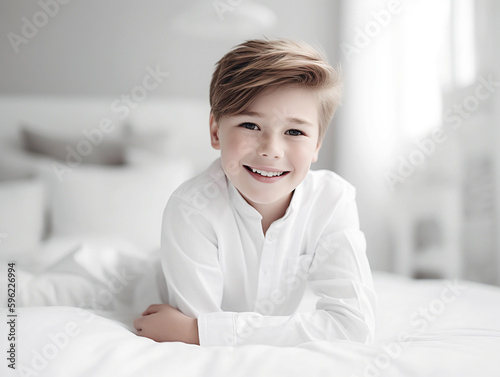 Portrait of a smiling boy in white light in a white room. Emotions. generative ai