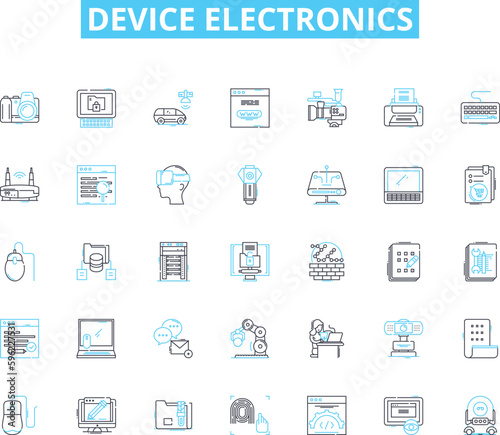 Device electronics linear icons set. Smartph, Tablet, Laptop, Computer, Monitor, Keyboard, Mouse line vector and concept signs. Printer,Headphs,Speaker outline illustrations
