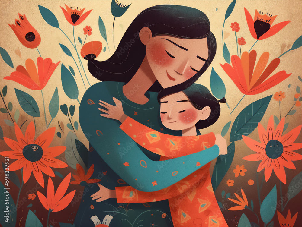Illustration about Mother's Day, mother holds her son in her arms