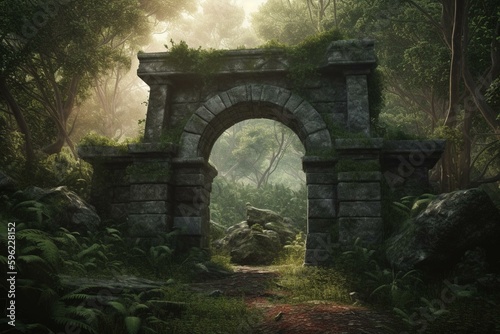 Obraz na plátne A breathtaking portal archway in a forest with an ancient magical stone gate showcasing another dimension