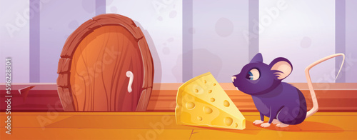 Small rat near mouse hole door and cheese lure cute cartoon game background. Hidden in wall closed mice burrow adventure illustration. Animal apartment entrance in wooden plinth panoramic illustration