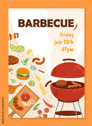Barbecue flyer template. Grill with meat and sausages, vegetables. Tomato, lemon and mushroom. Relaxation and delicious food. BBQ and picnic outdoor. Cartoon flat vector illustration