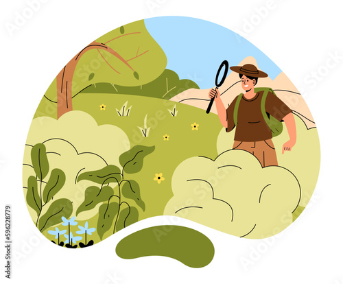 Biologist explore plants. Woman with magnifying glass in hat examines plants and bushes. Scientific research and experiment. Botany and floristry. Cartoon flat vector illustration
