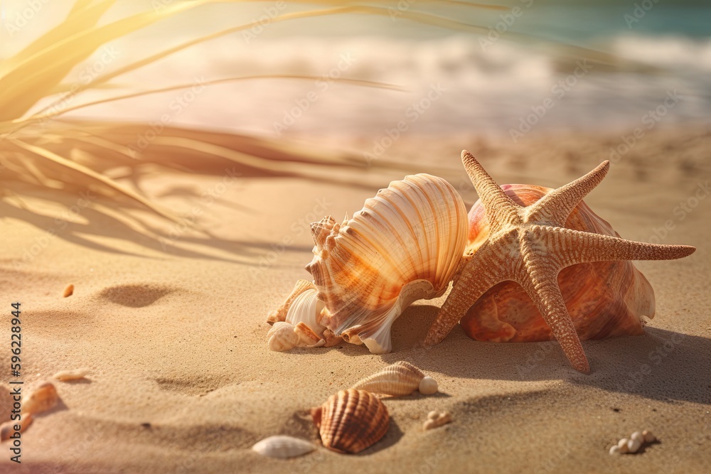Beautifull shells on the sand beach. Generative AI Beautifull shells on the sand beach. Generative AI