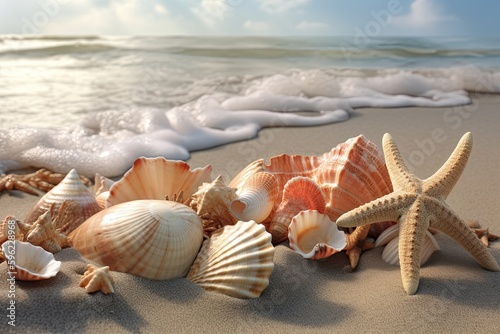 Beautifull shells on the sand beach. Generative AI