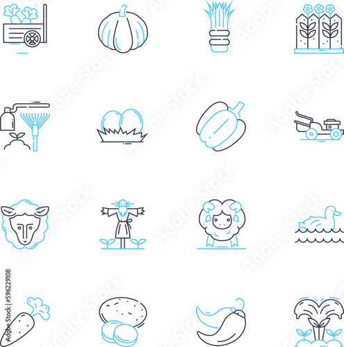 Crop science linear icons set. Agronomy, Genetics, Biotechnology, Irrigation, Soil, Yield, Fertilization line vector and concept signs. Harvest,Climate,Weed control outline illustrations