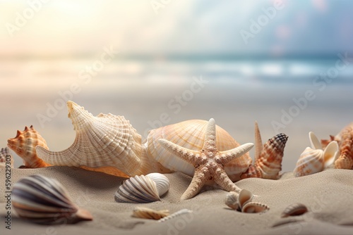 Beautifull shells on the sand beach. Generative AI © Gelpi