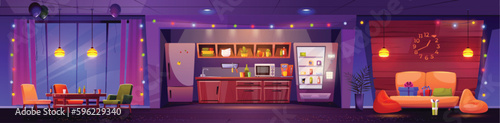 Party in evening office break room with kitchen. Festive coffee rest company hall interior design with garland and gifts on couch. Modern canteen furniture concept cartoon background illustration.