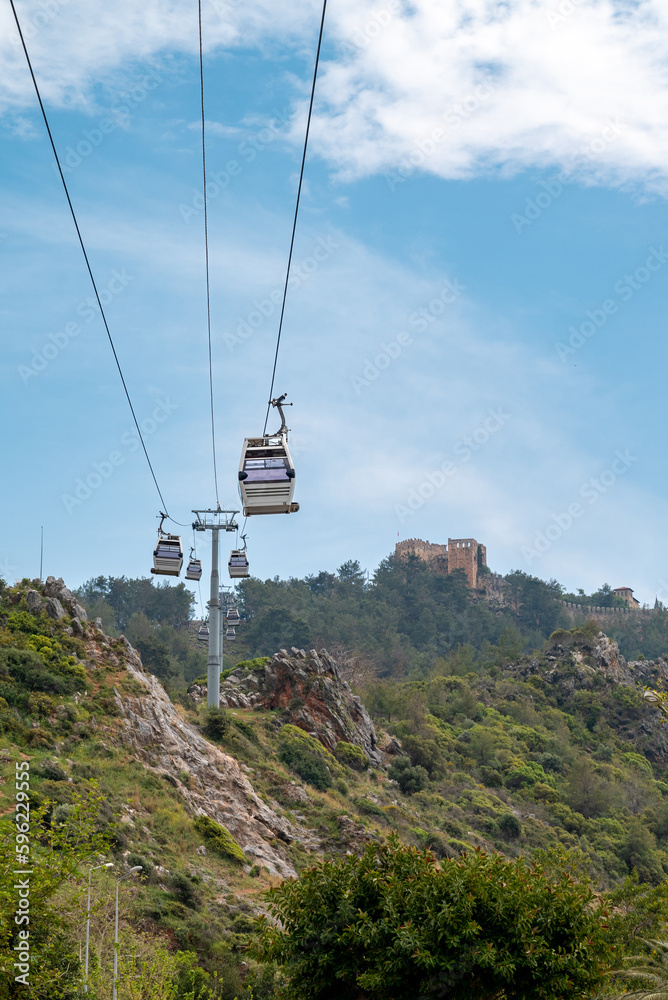 View of Alanya castle and cable car cabins from the cable car cabin