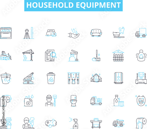 Household equipment linear icons set. Blender, Dishwasher, Refrigerator, Microwave, Toaster, Oven, Vacuum line vector and concept signs. Washer,Dryer,Iron outline illustrations