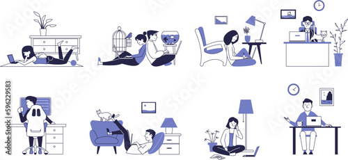 A set of people working and relaxing at laptops and computers at home.
