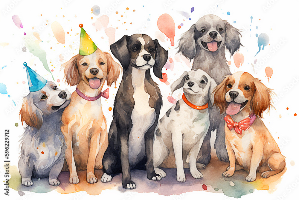 Watercolor illustration of a group of dogs with birthday hats on a white background. Generative AI Watercolor illustration of a group of dogs with birthday hats on a white background. Generative AI