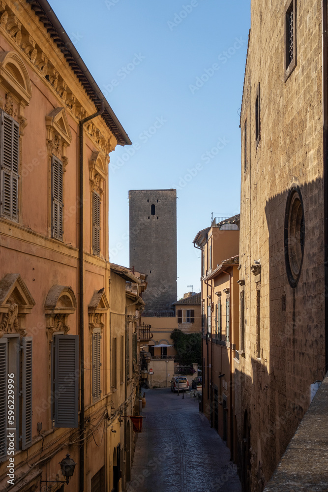 Italy, Lazio, Tarquinia, Historic houses with old tower in background Italy, Lazio, Tarquinia, Historic houses with old tower in background