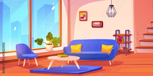 House living room near stair cartoon background. Hall home apartment indoor furniture design with cityscape view from window. Blue stylish and luxury sofa with armchair near carpet on wooden floor.