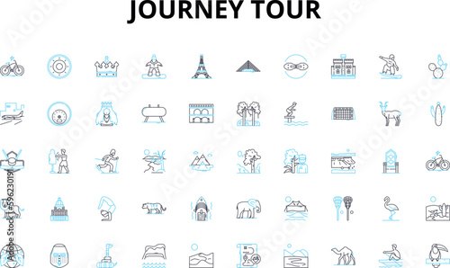 Journey tour linear icons set. Trek, Adventure, Expedition, Excursion, Odyssey, Safari, Jaunt vector symbols and line concept signs. Voyage,Pilgrimage,Roaming illustration