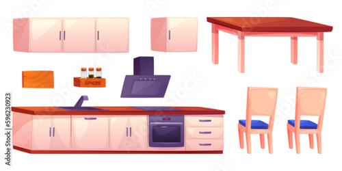 Cartoon vector kitchen furniture illustration with dining room interior isolated on white background. Cooking appliance and modular cupboard set for apartment. Sink, salt and hood elements design