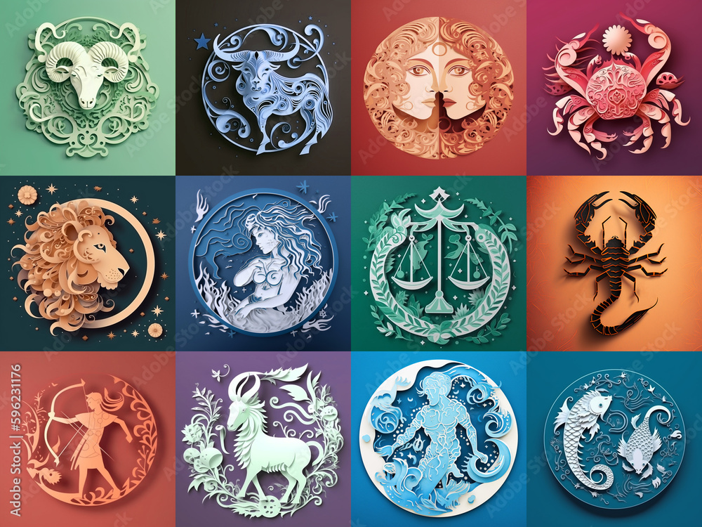 Set of zodiac signs icons. Aries, Leo, Gemini, Taurus, Scorpio, Aquarius, Pisces, Sagittarius, libra, Virgo, Capricorn, and cancer. Paper cut craft. Generative AI - obrazy, fototapety, plakaty 