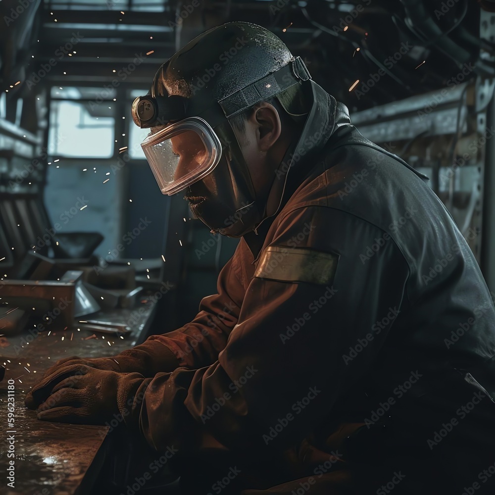 A worker in a shipyard welding metal sheets. - obrazy, fototapety, plakaty 