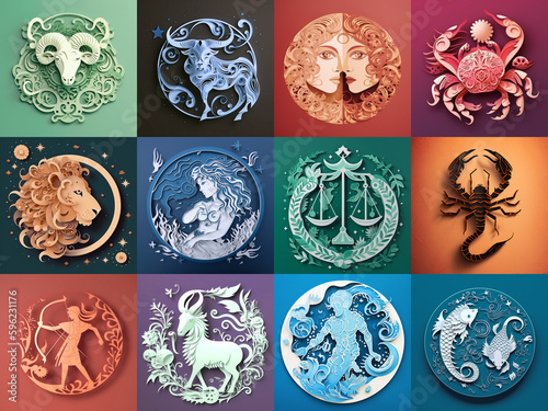 Set of zodiac signs icons. Aries, Leo, Gemini, Taurus, Scorpio, Aquarius, Pisces, Sagittarius, libra, Virgo, Capricorn, and cancer. Paper cut craft. Generative AI